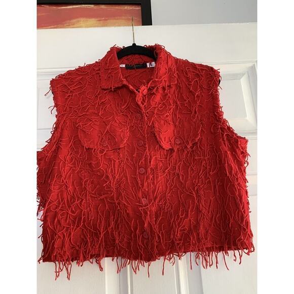 Estefanie's Collection Large Short Sleeved‎ Button-up Shirt Vest Red String - Picture 2 of 7
